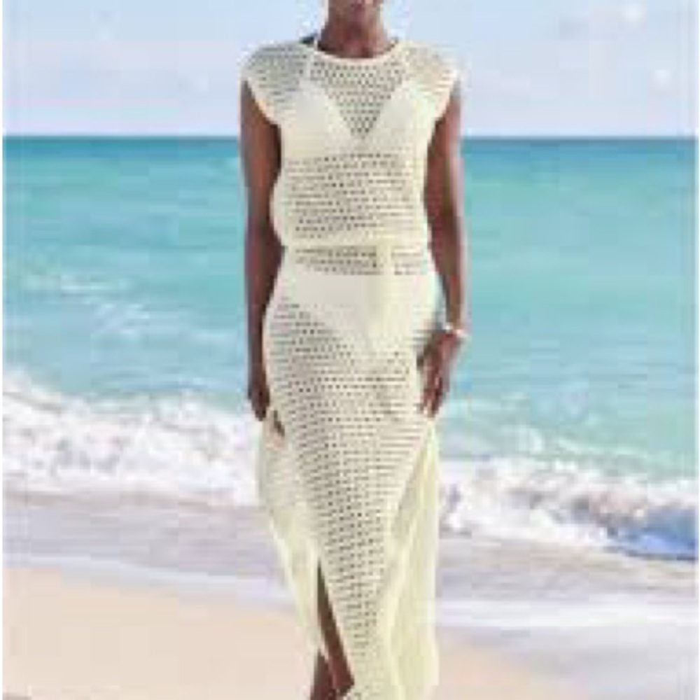 Venus Crochet knit long Maxi Dress or Cover Up 1X Cream Resort Boho Goddess